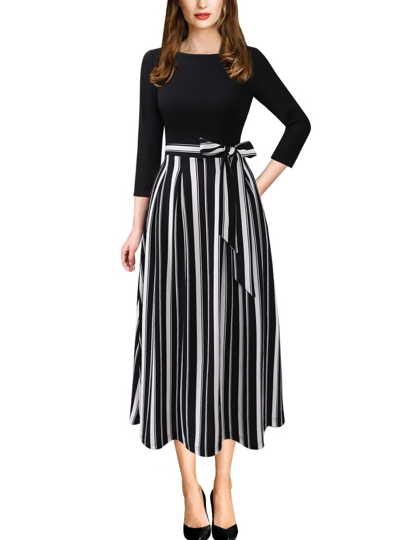 VFSHOW Womens Black and White Striped Print Spring Fall Elegant Patchwork Pockets Belted Work Business Office Casual Party Pleated A-Line Midi Dress 3733 STP BLK XL - Image 1